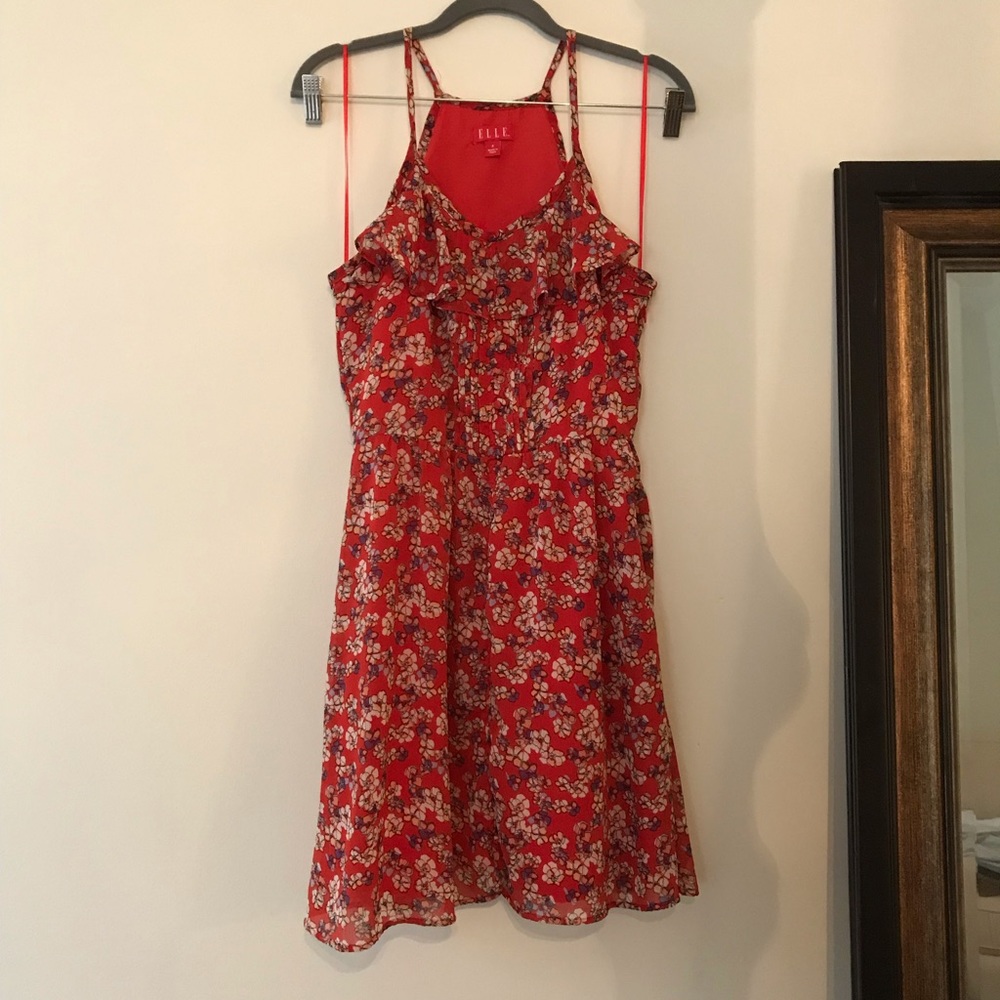 Red floral sundress with ruffles